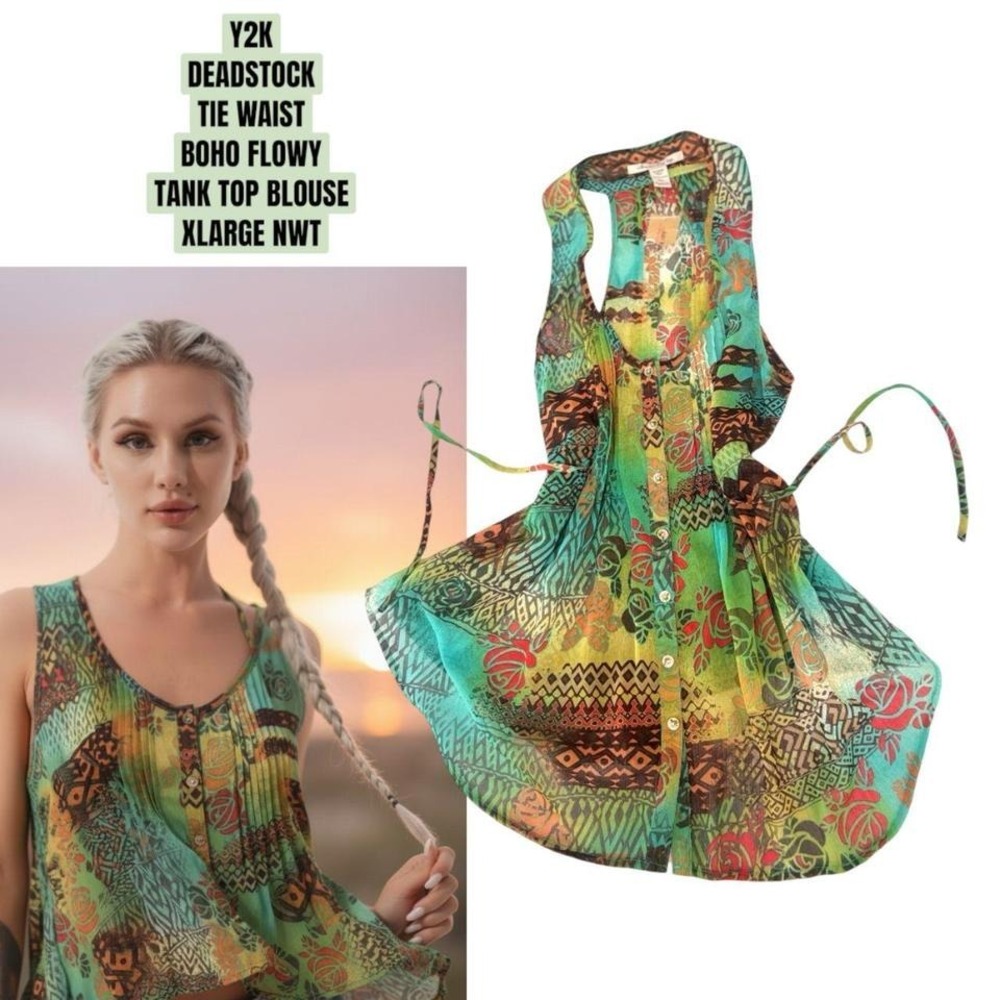 Y2K DEADSTOCK TIE BACK FLOWY BOHO PATCHWORK TANK BLOUSE XL NWT.